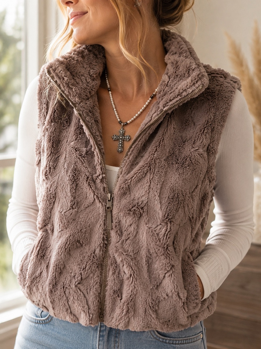 Sanctuary Faux Fur Zip Vest Mauve Taupe Teddy Vest Size Medium EUC